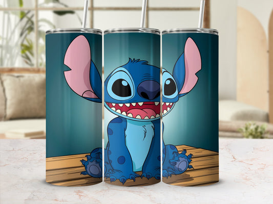 Stitch character smiling on a skinny tumbler.