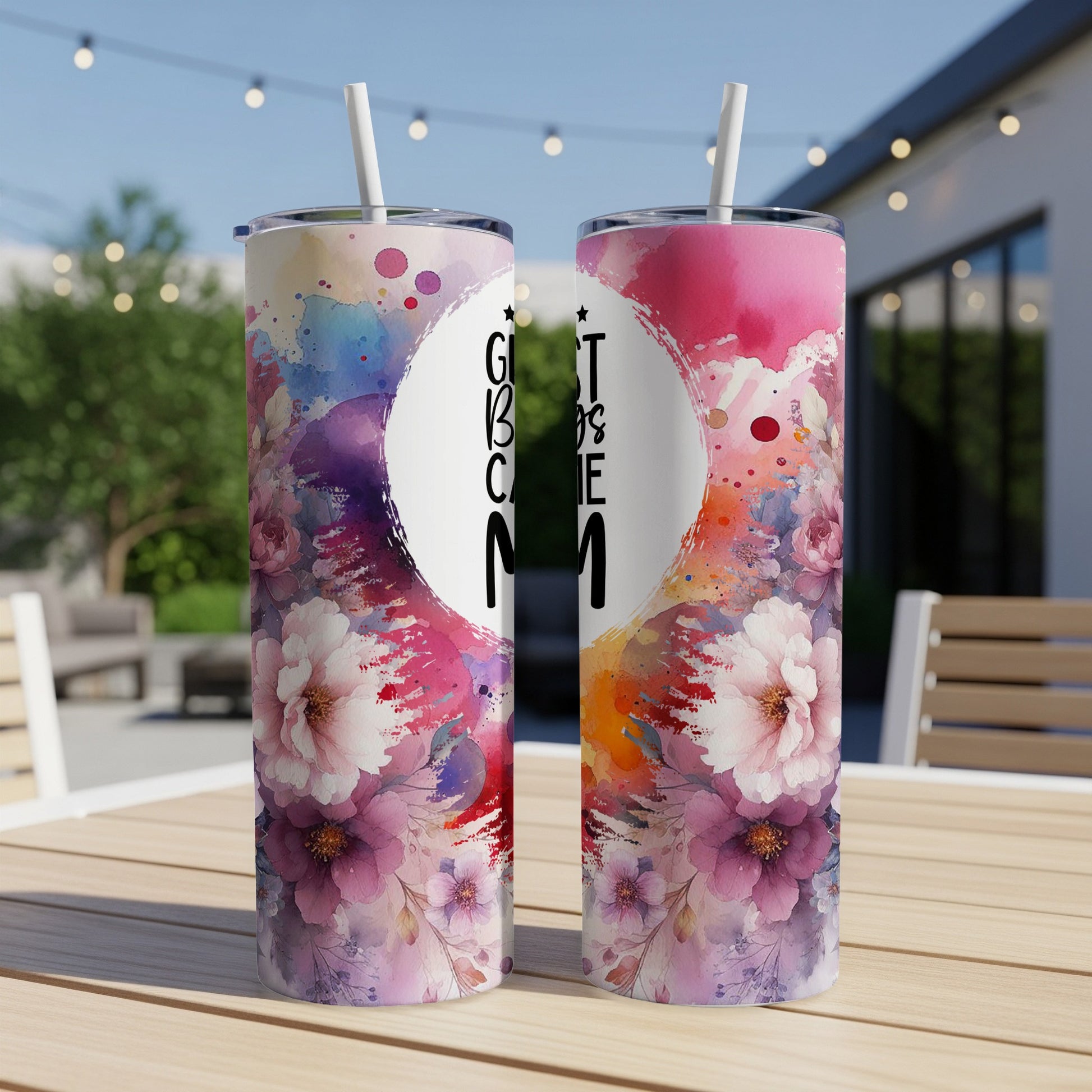 Two tumblers with floral watercolor design and "Best Mom" text.