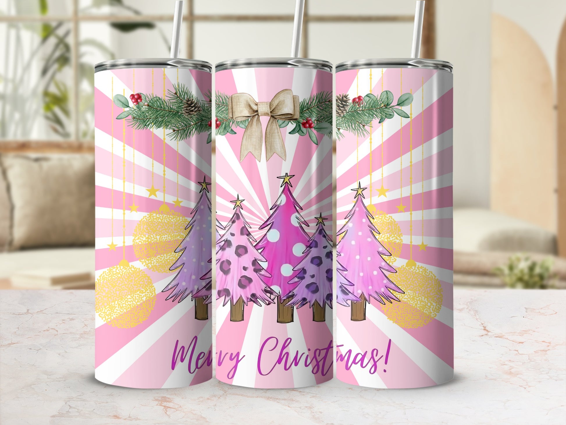 Merry Christmas Pink and Gold Patterned Tumbler