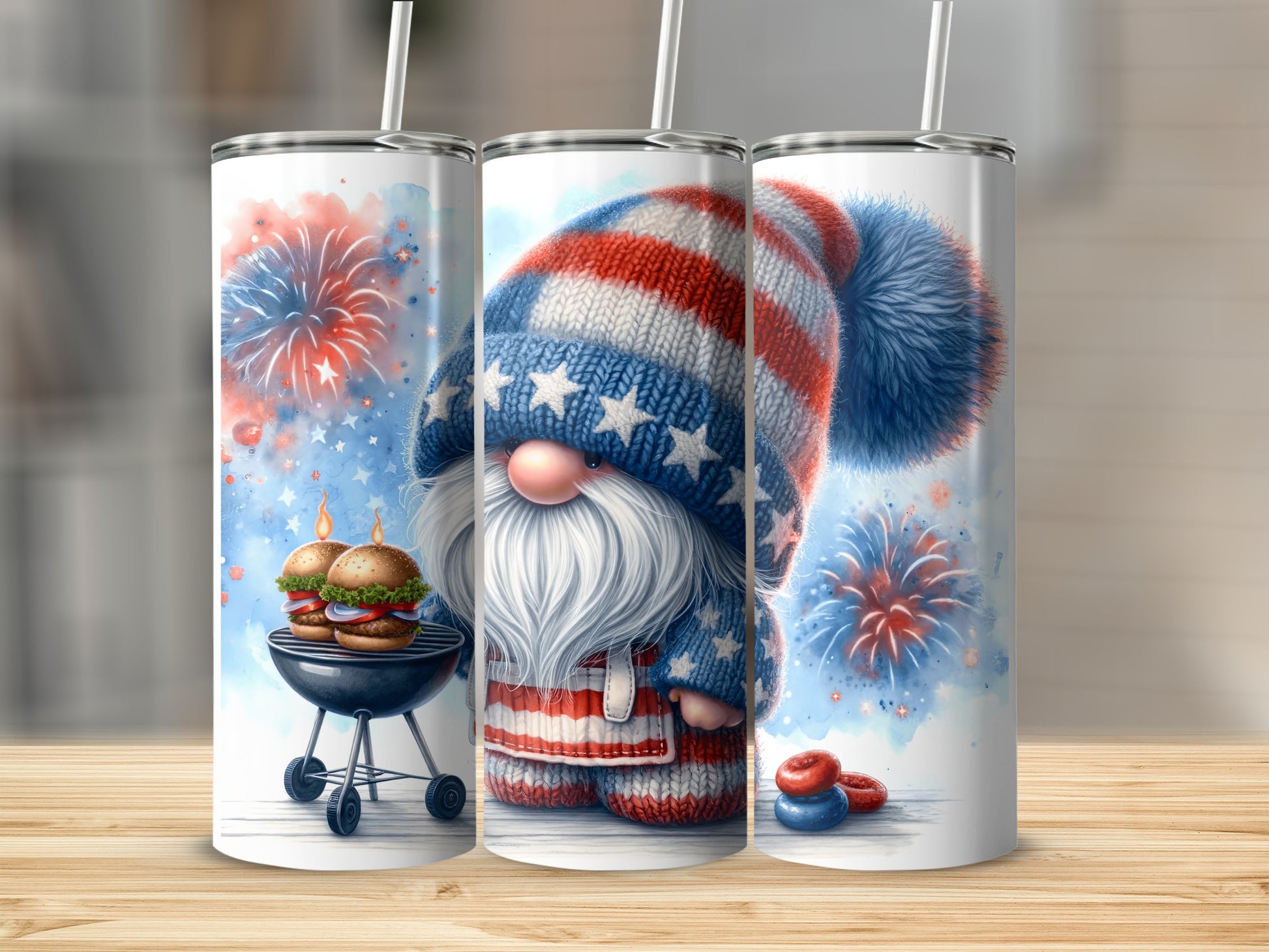 Gnome in patriotic outfit with burgers and fireworks on a tumbler.