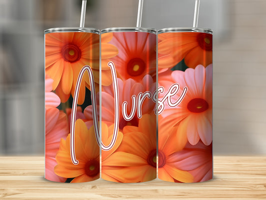Orange and pink flowers wrap around a tumbler with the word "Nurse."