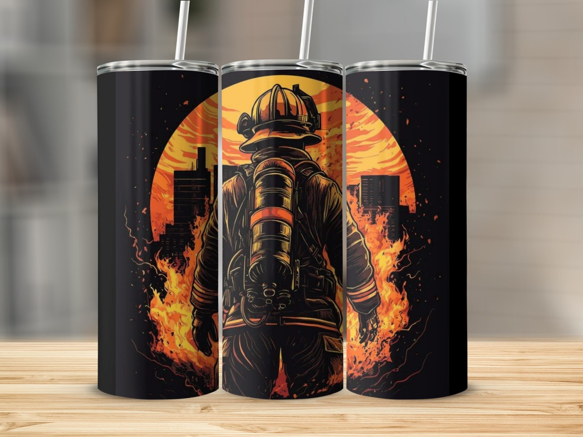 Firefighter Art with Cityscape Background Tumbler