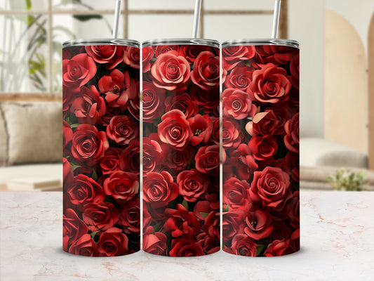 Three tumblers covered in a vibrant red rose floral pattern.