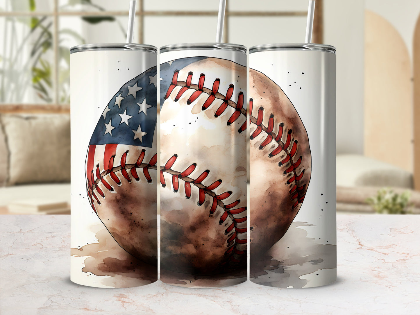 Tumbler featuring a baseball with the American flag design.