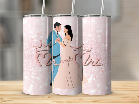 Two tumblers with a bride and groom design and "Mr and Mrs" text.