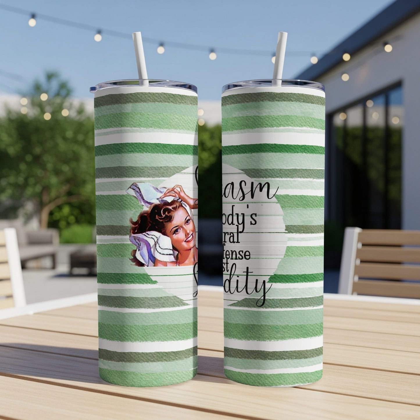 Two tumblers with green stripes and text about hair.