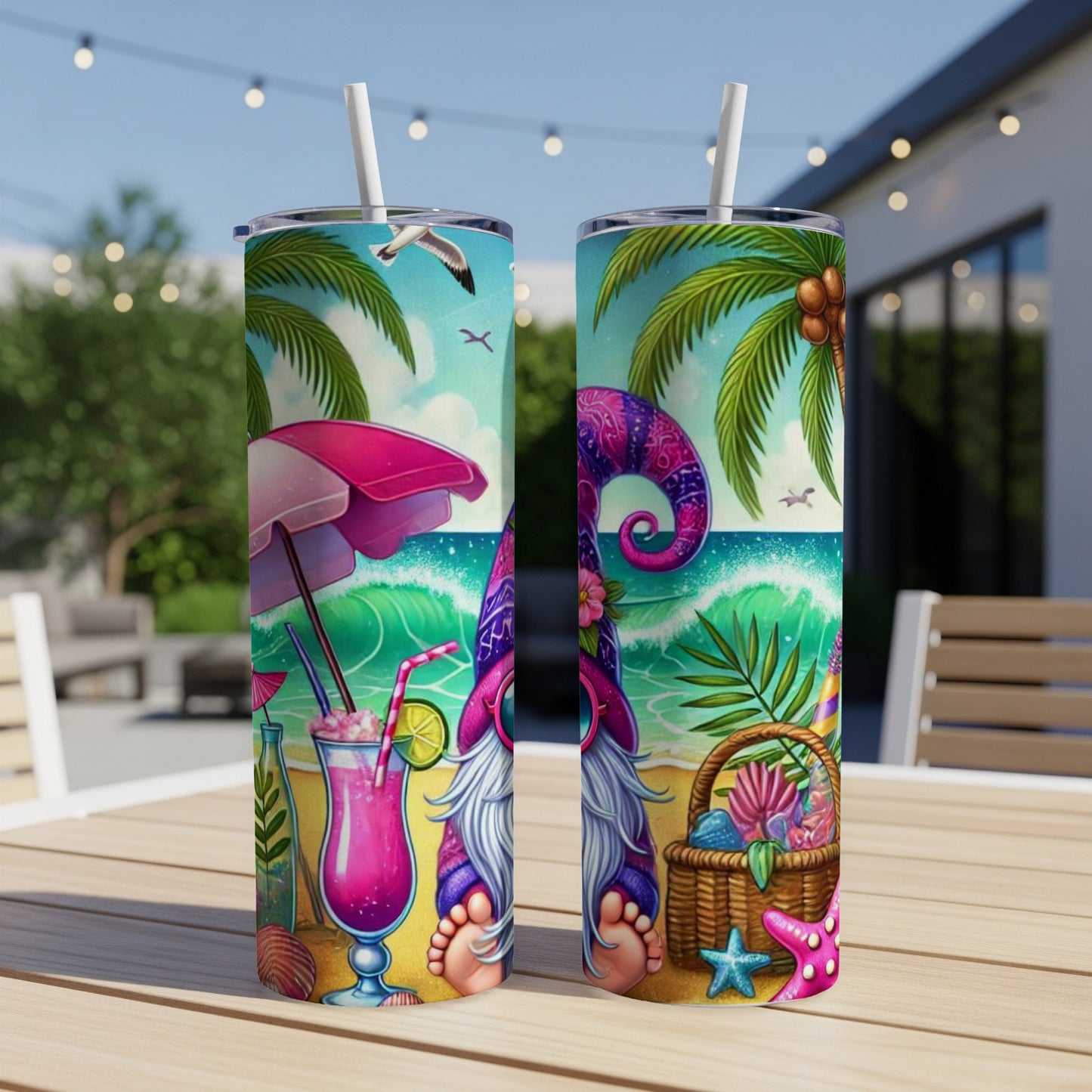 Two tumblers with beach gnomes, cocktails, and tropical beach scene.