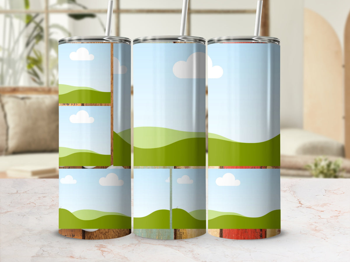 Three tumblers with landscape designs and straws against a blurred background.