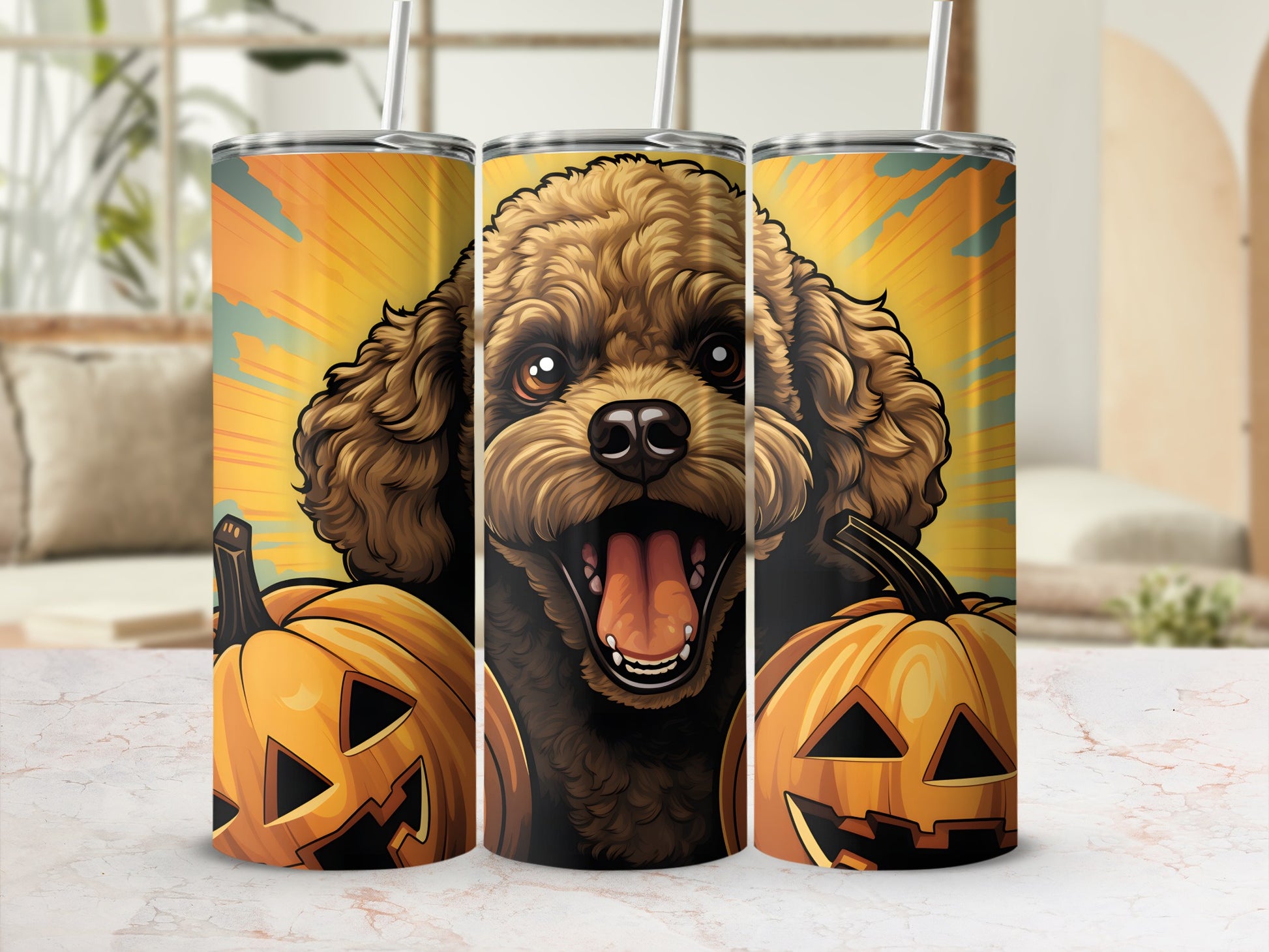 Triptych of tumblers featuring a brown poodle with pumpkins and a vibrant orange background.