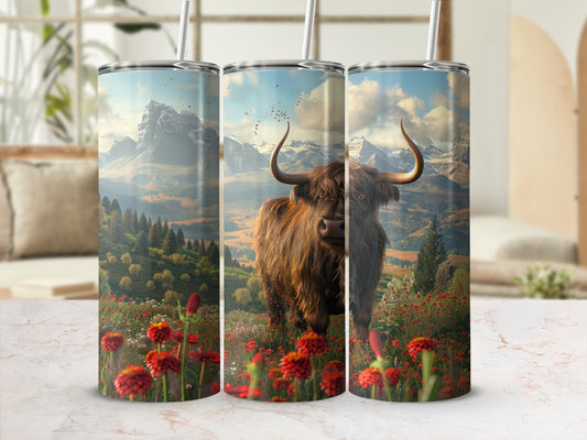 Highland cow in a field of red flowers with mountains in the background.