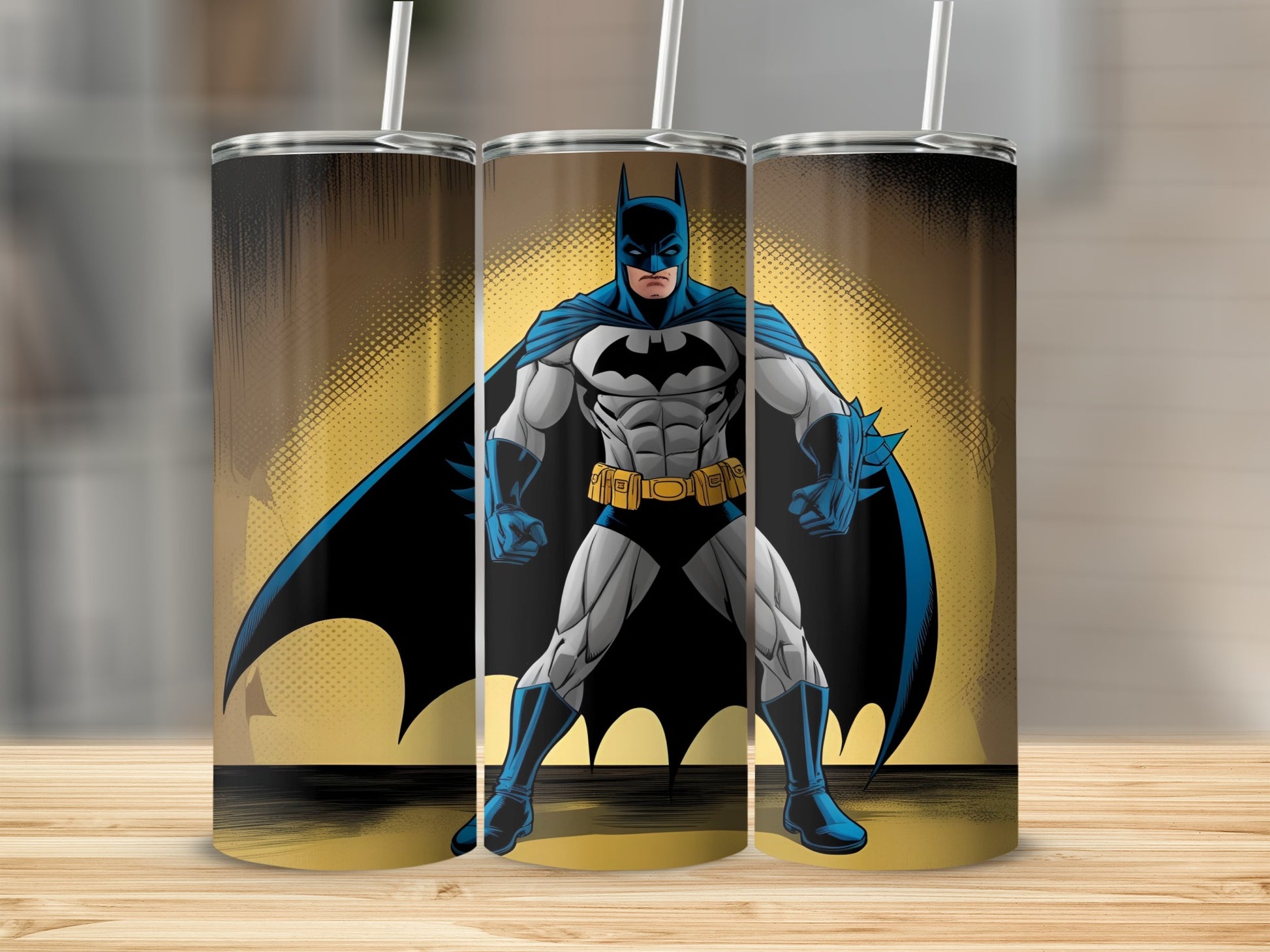 Batman standing with cape flowing, against a golden sunburst background.