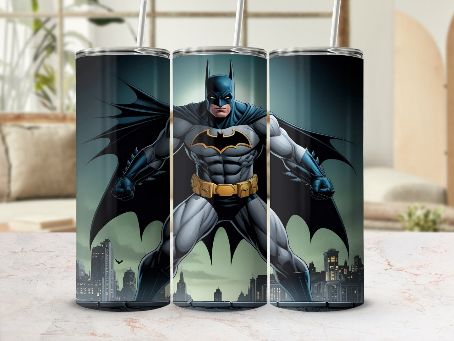 Batman character depicted in heroic pose against cityscape on a tumbler.