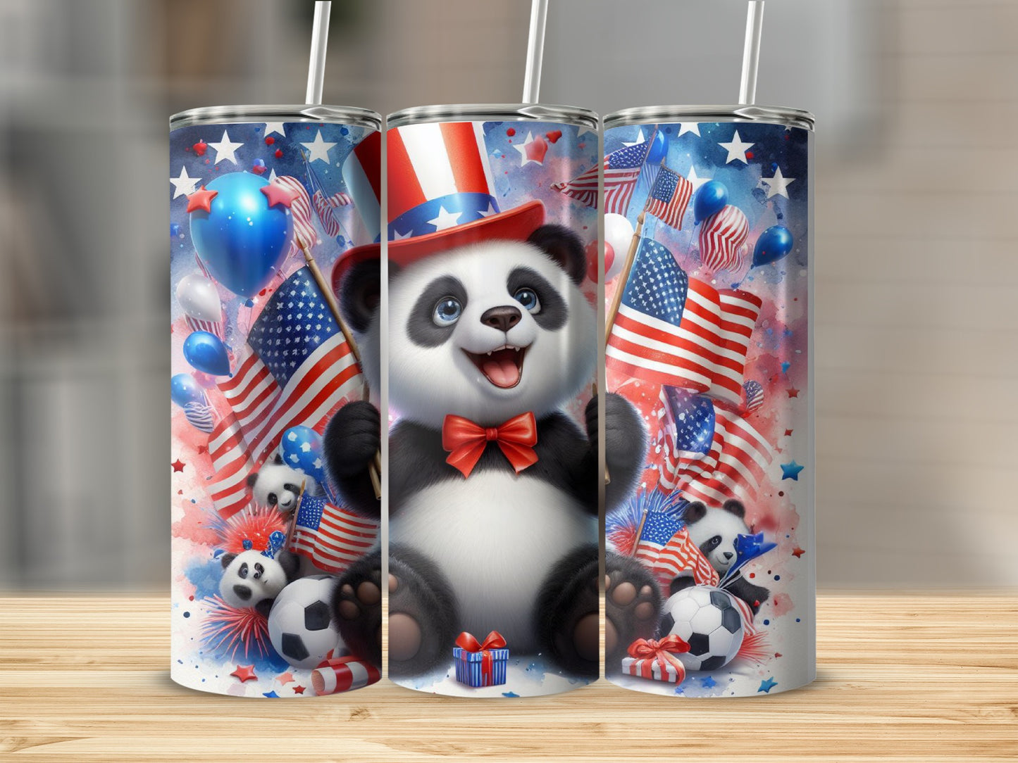 Panda in patriotic hat holding American flags, surrounded by balloons and fireworks.