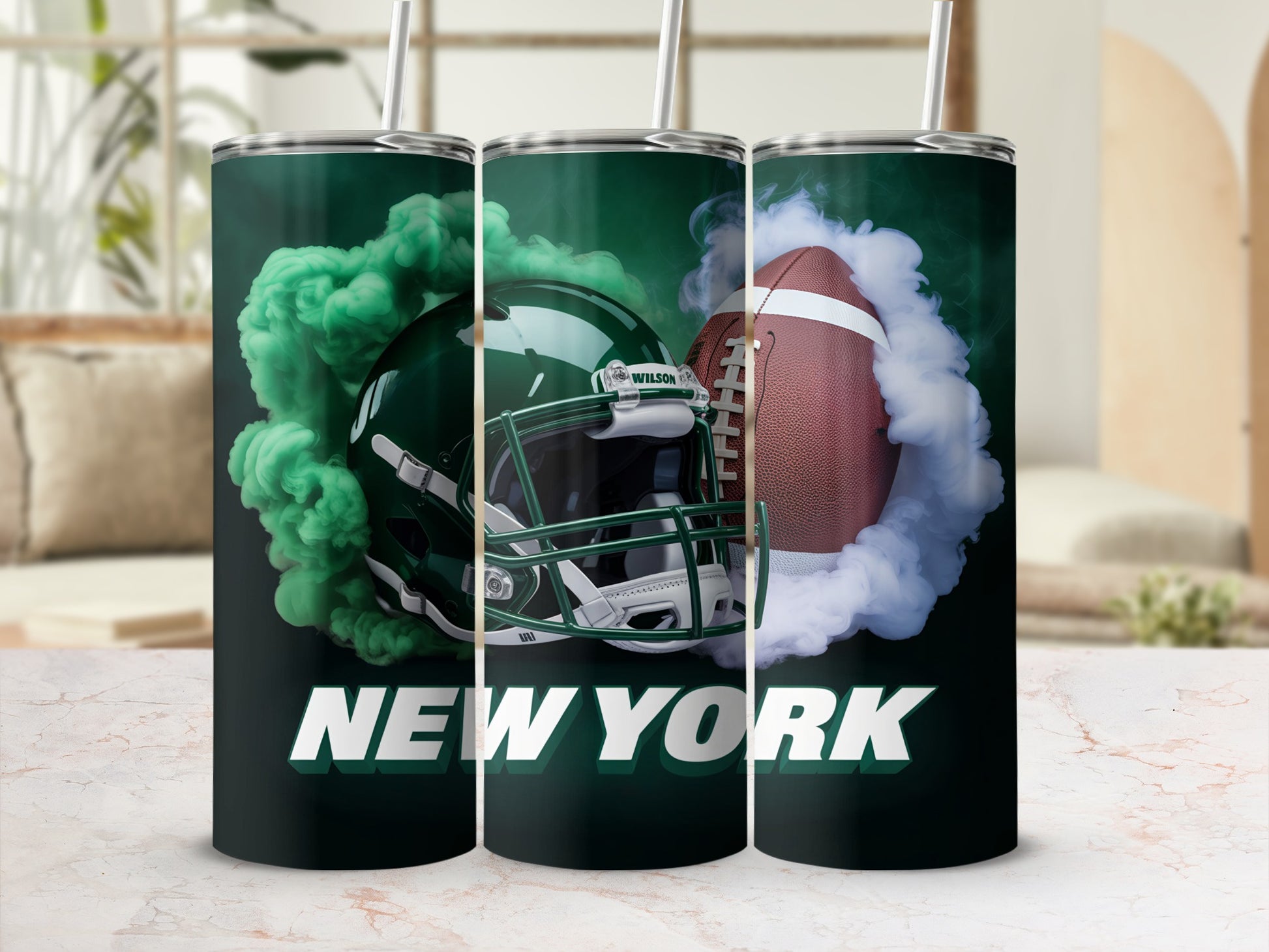 Green and white football helmet and football with New York text.