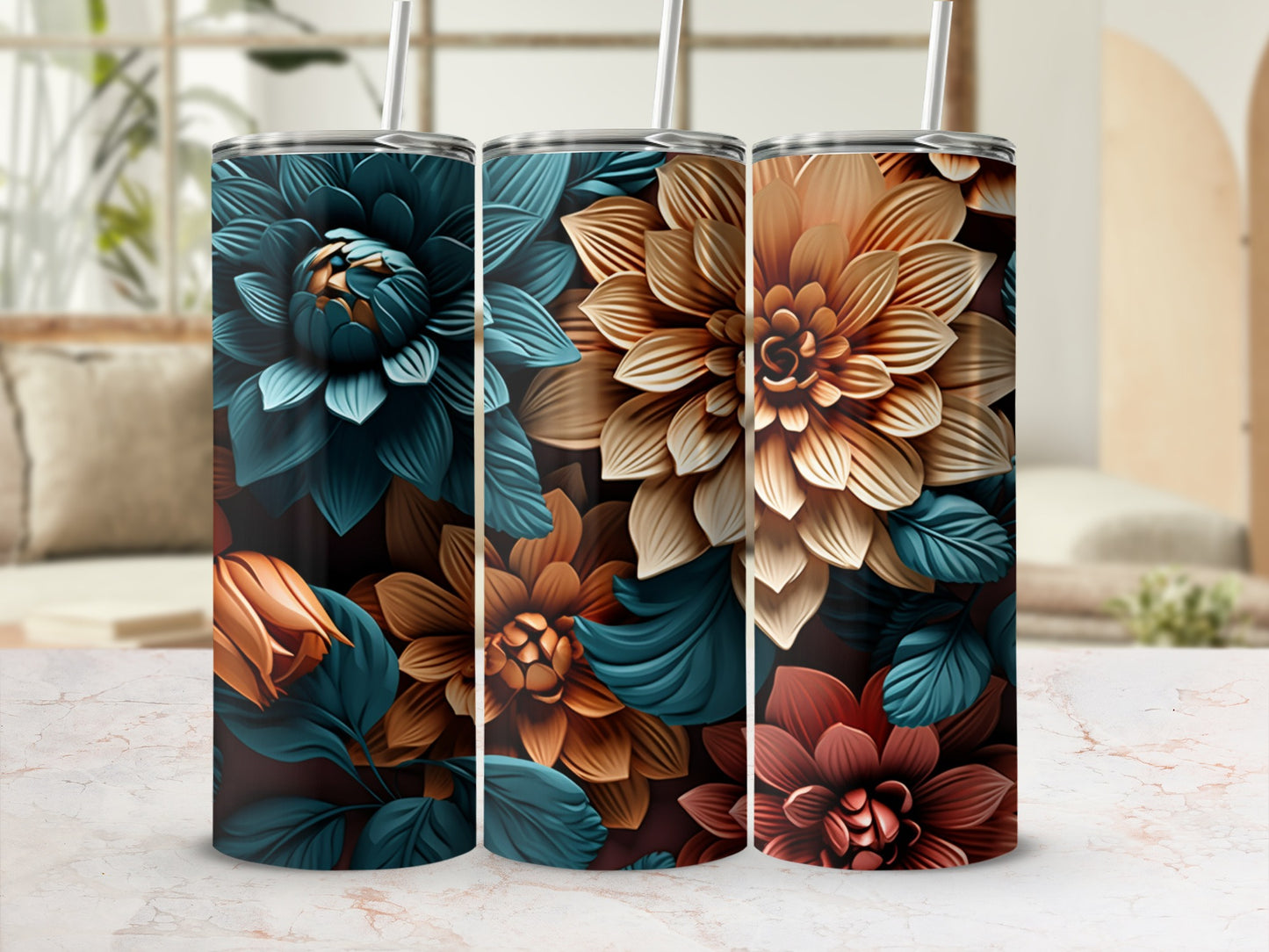 Three tall tumblers with floral designs in muted teal, orange, and burgundy.