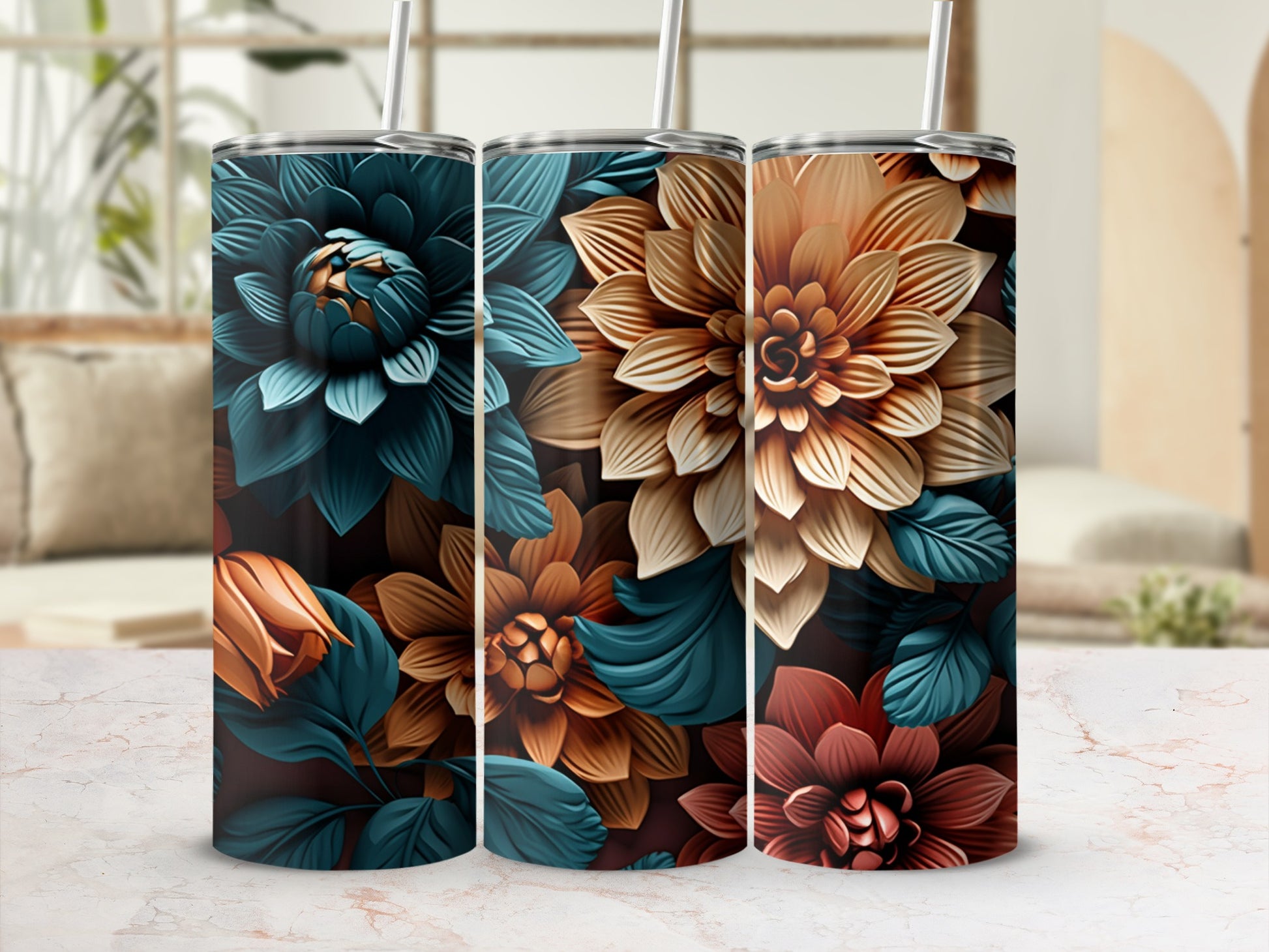 Three tall tumblers with floral designs in muted teal, orange, and burgundy.