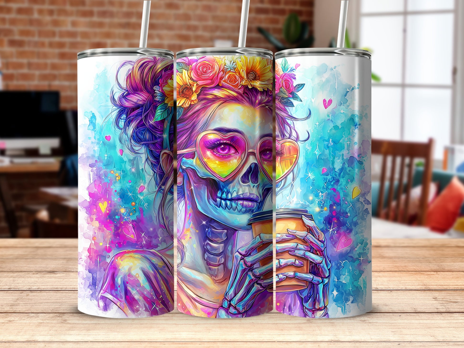 Colorful Skeleton Art Tumbler with Heart Glasses
