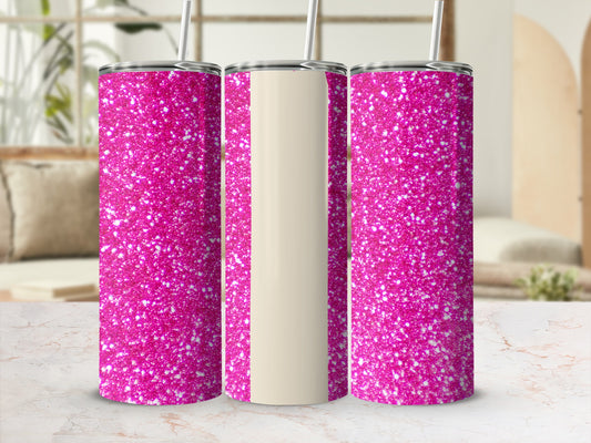 Three pink glitter tumblers with cream sections and straws.