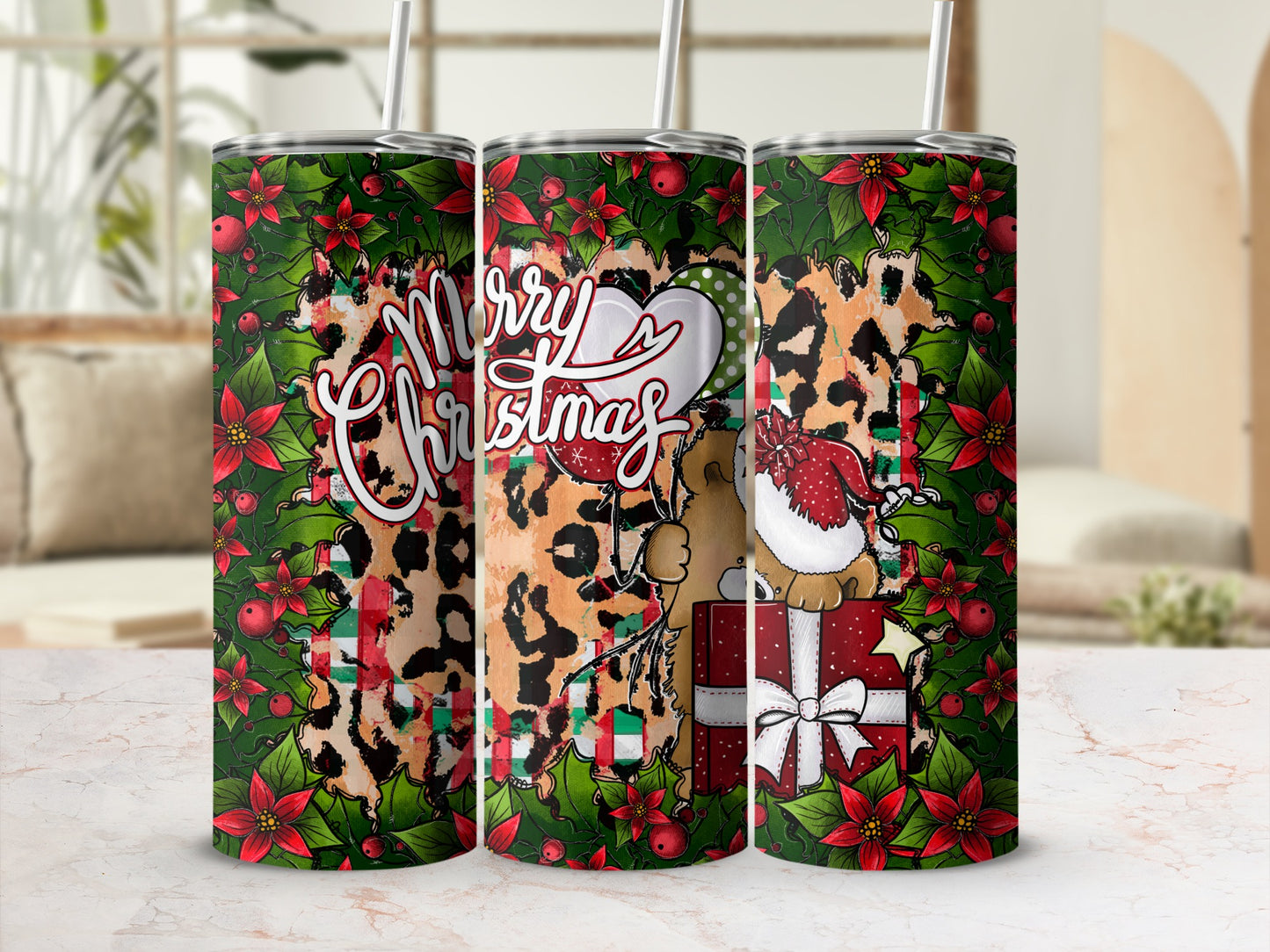 Christmas tumbler with Santa, leopard print, and poinsettias.