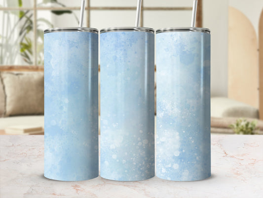 Three light blue watercolor tumblers with white speckles.