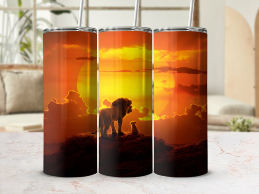Three tumblers with a lion and cub silhouette against a sunset.