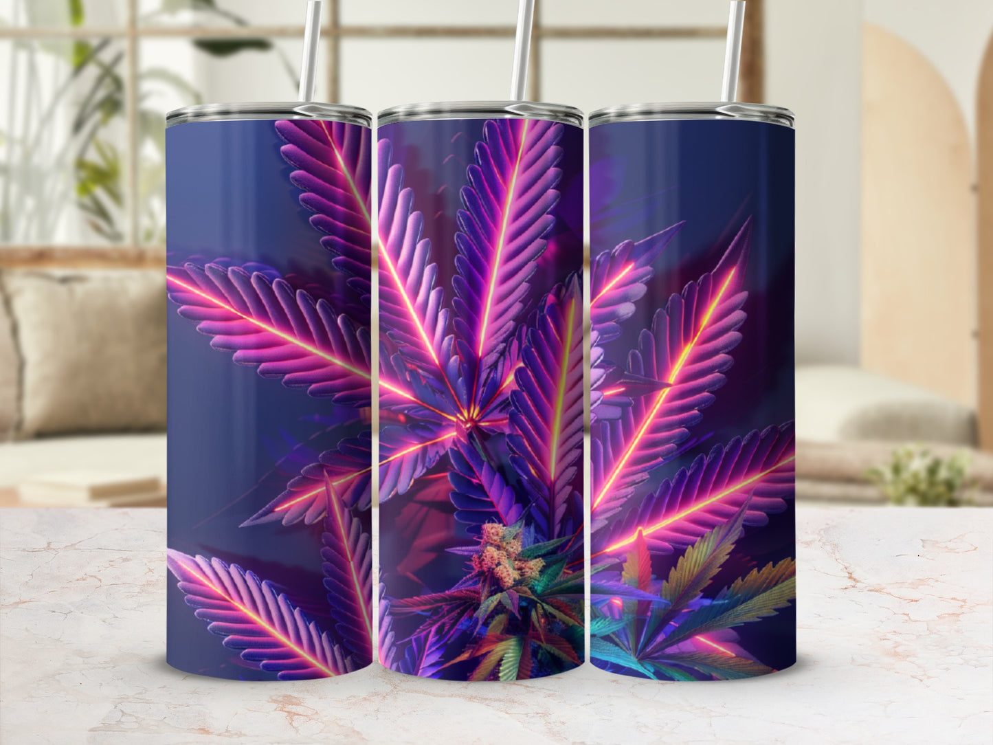Three tumblers with neon purple and pink cannabis leaf design.