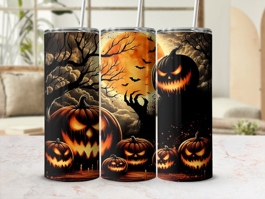 Three tumblers with Halloween designs featuring jack-o'-lanterns, spooky trees, and a full moon.