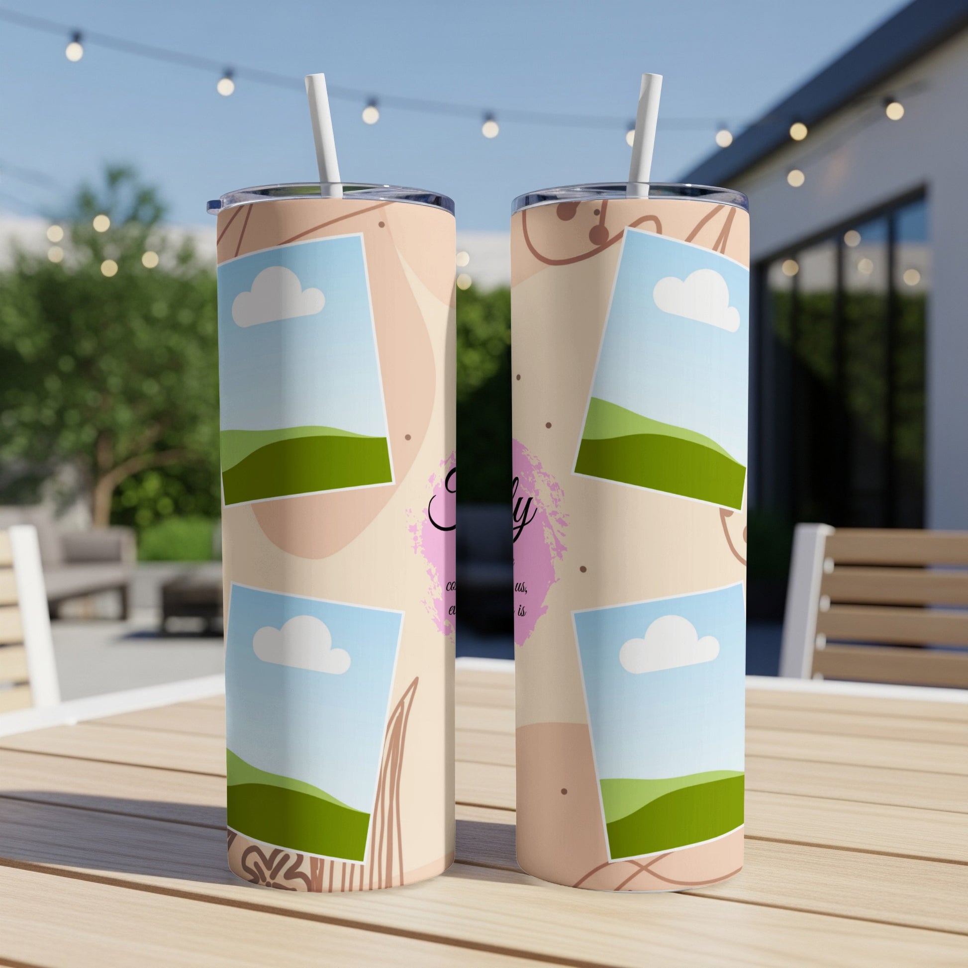 Two tumblers with photo frames of landscapes and pink splatter text.