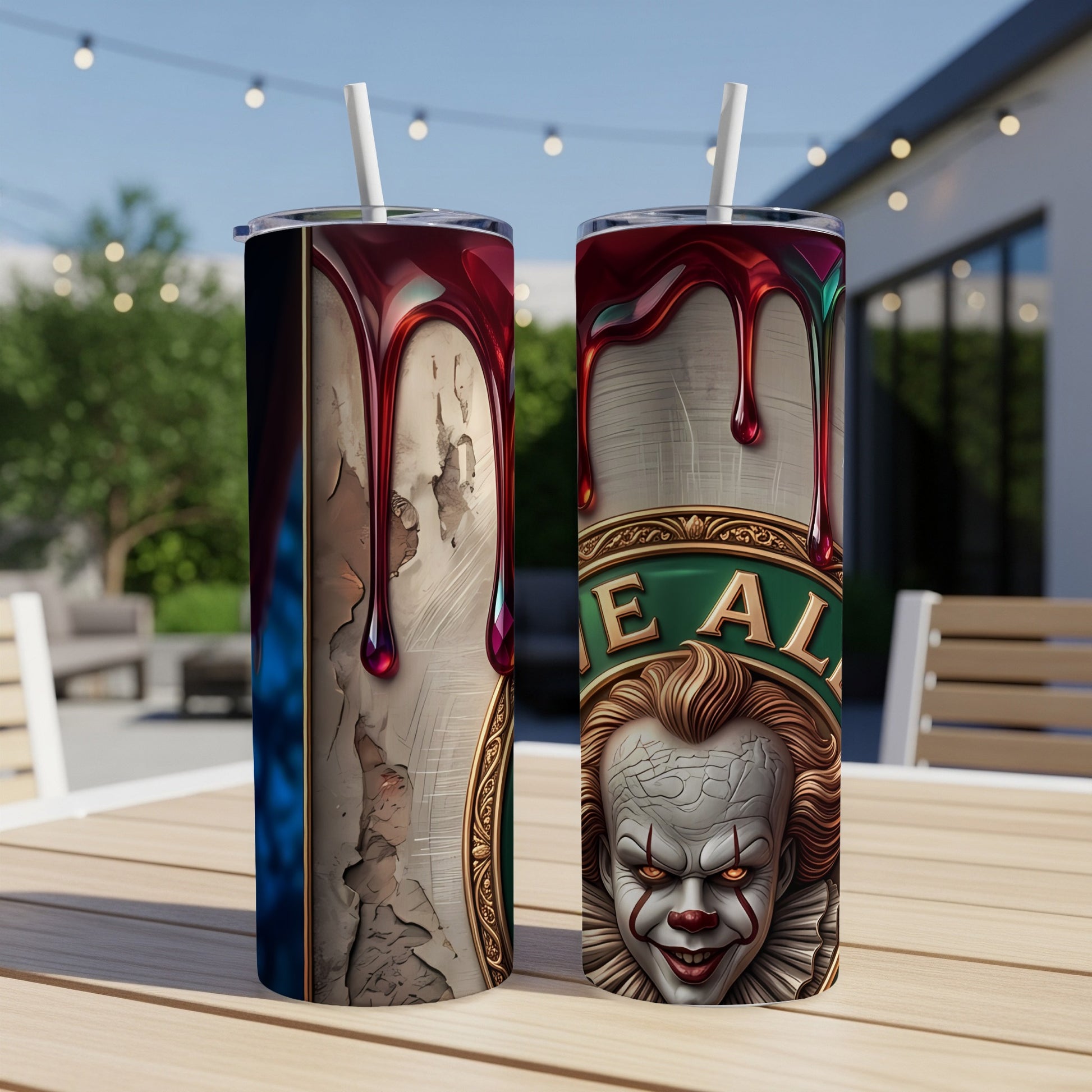 Two tumblers featuring a cracked, textured design with dripping red liquid and a clown face.
