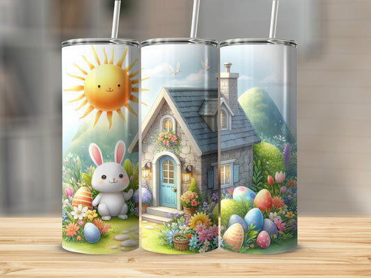 Easter bunny, sun, and eggs outside a quaint house with flowers.