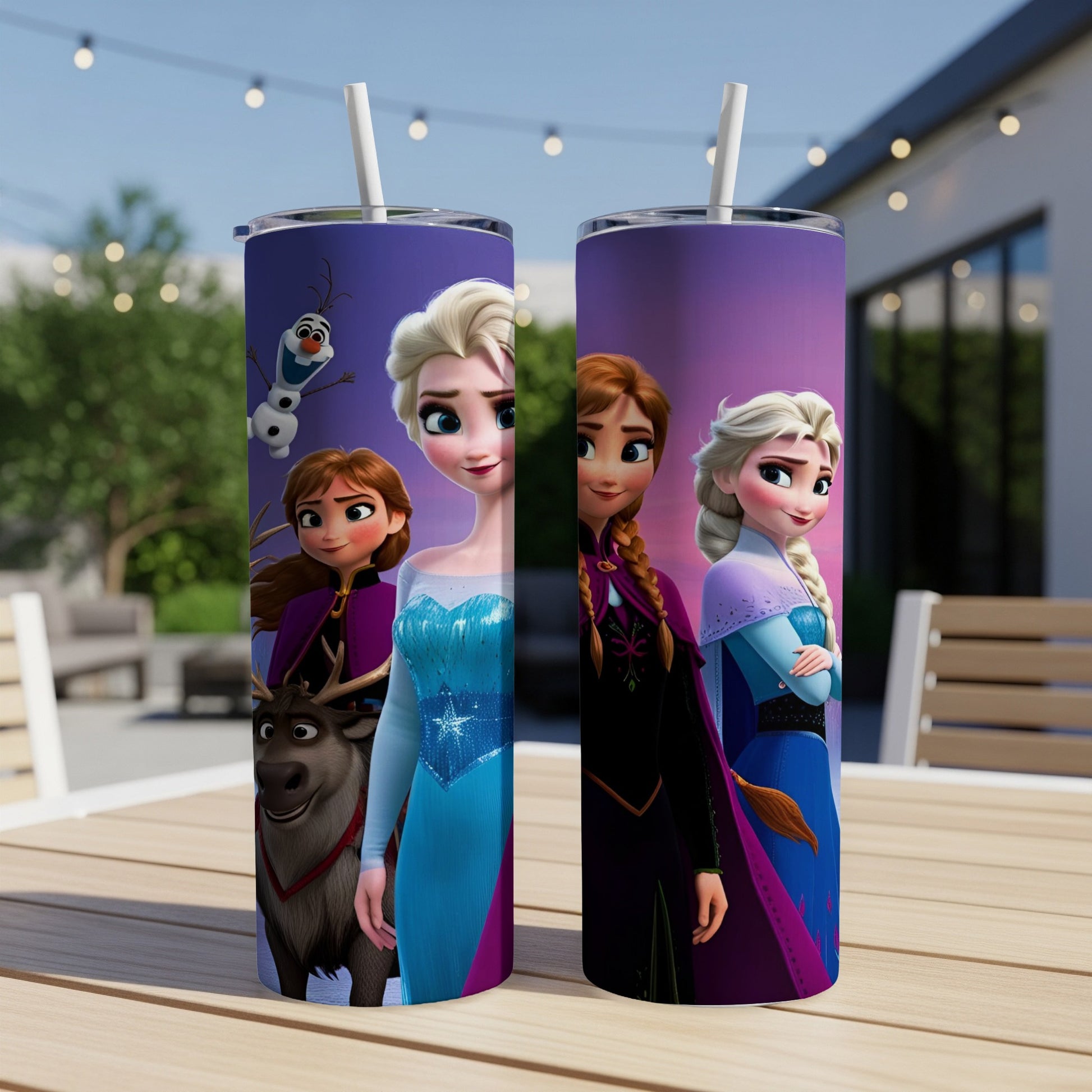 Frozen characters Elsa, Anna, and Kristoff on a tumbler with Olaf.