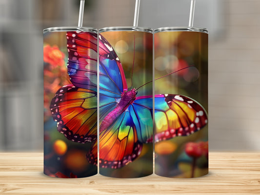 Three tumblers featuring a colorful rainbow butterfly design.