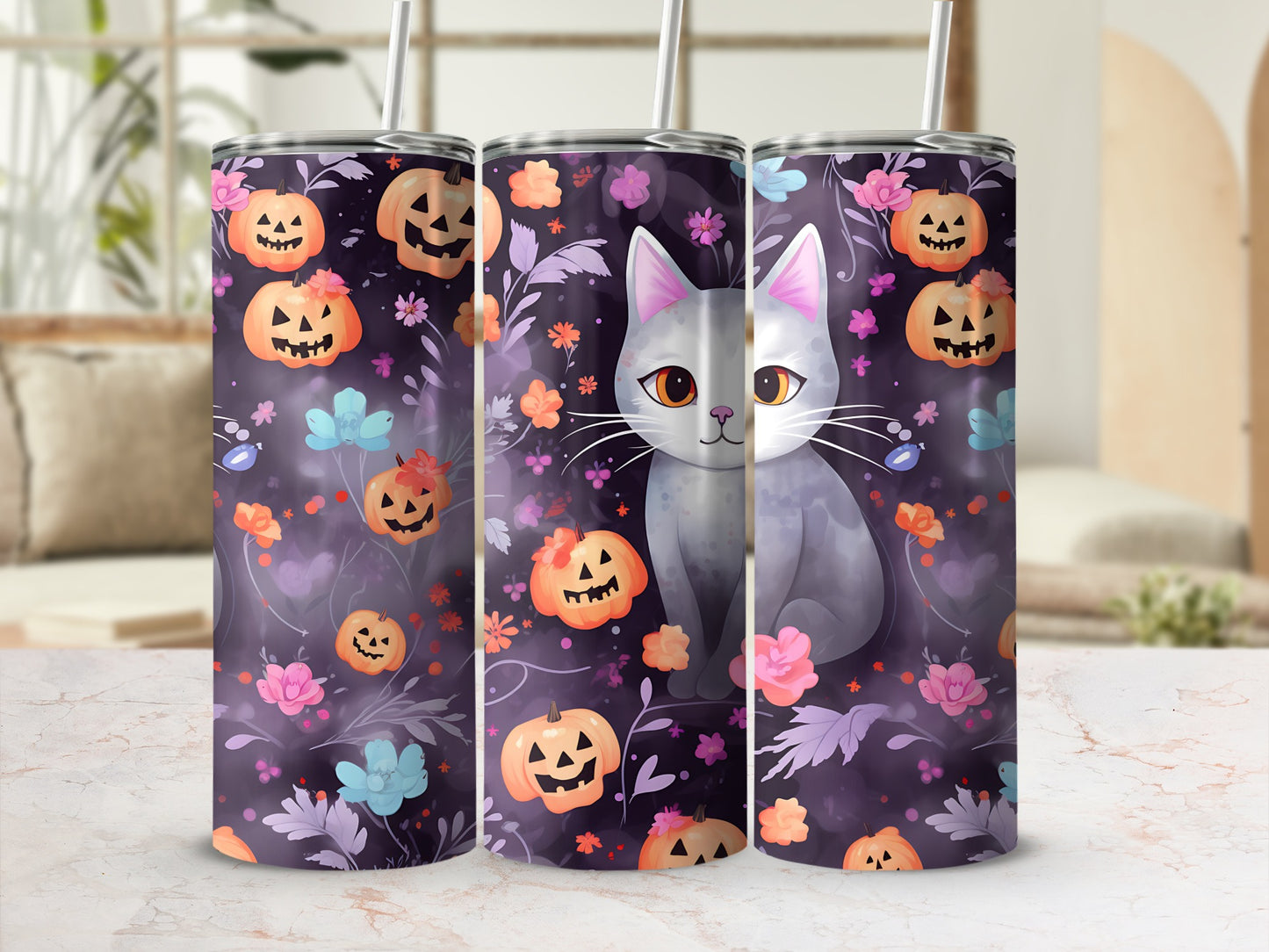 Grey cat with pumpkins and flowers on a purple Halloween tumbler.