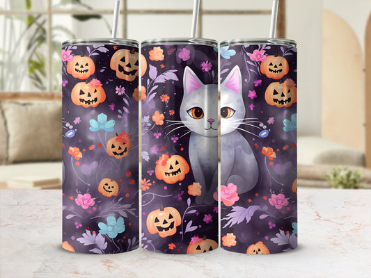Grey cat with pumpkins and flowers on a purple Halloween tumbler.