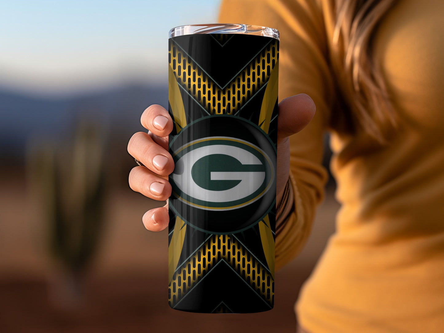 Green Bay Packers Logo on Abstract Yellow Grid Tumblers