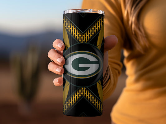 Green Bay Packers Logo on Abstract Yellow Grid Tumblers