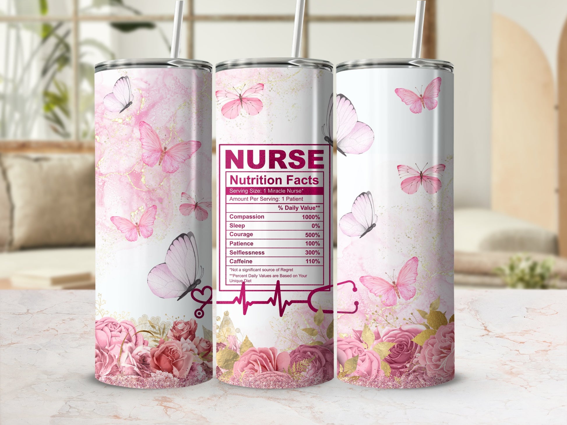 Pink watercolor floral tumbler with "Nurse Nutrition Facts" label and butterflies.