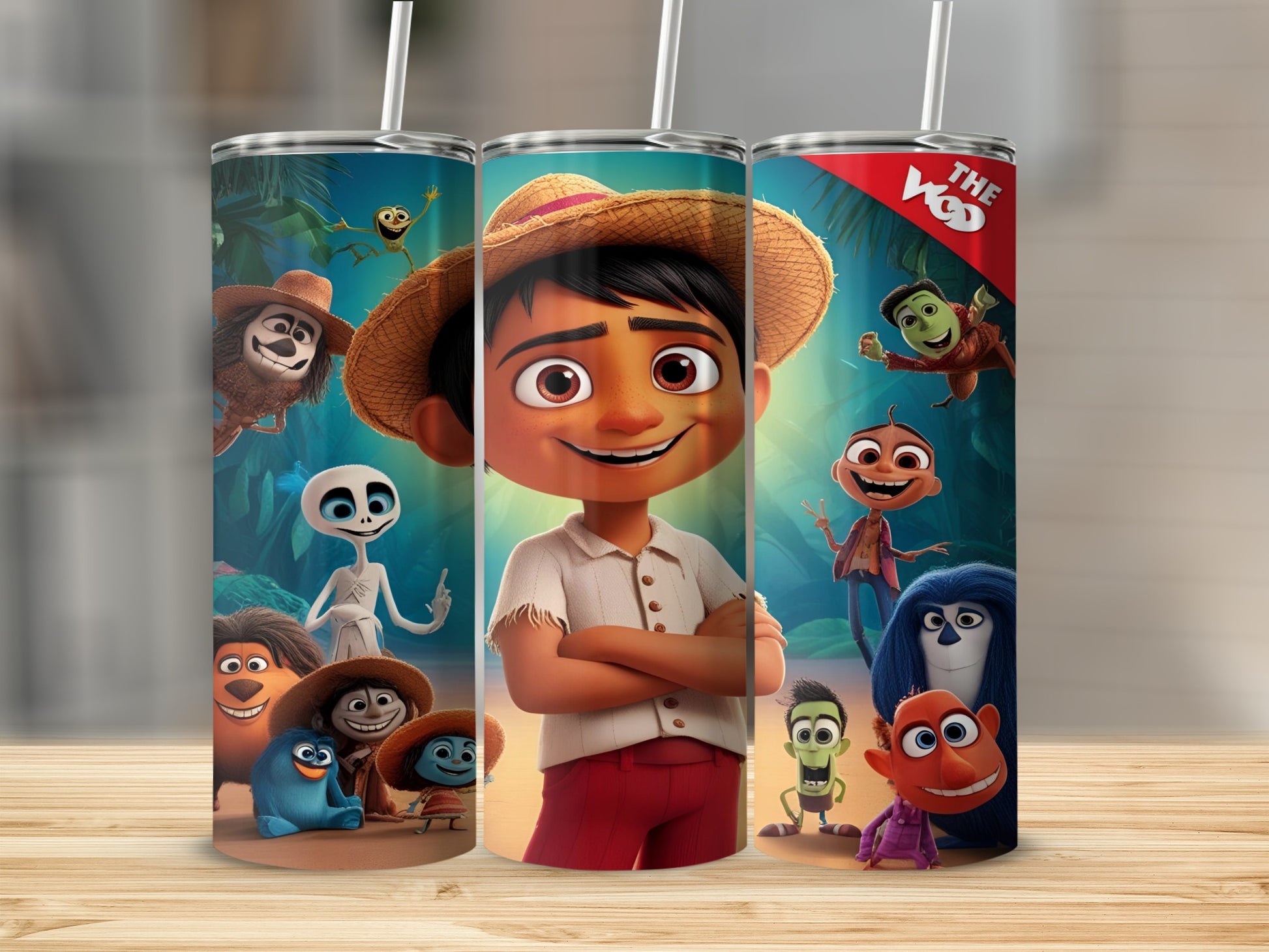 Animated characters from The Book of Life on a patterned tumbler.