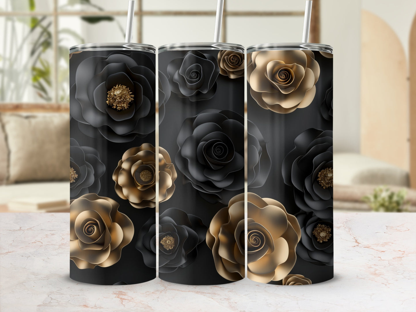 Black and gold floral pattern on a tumbler with straw.