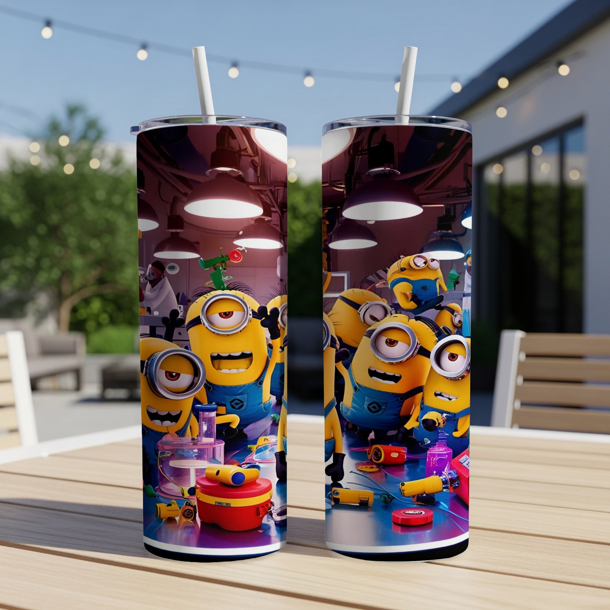 Minions gathered around a workbench with tools and beakers, possibly in a lab setting.