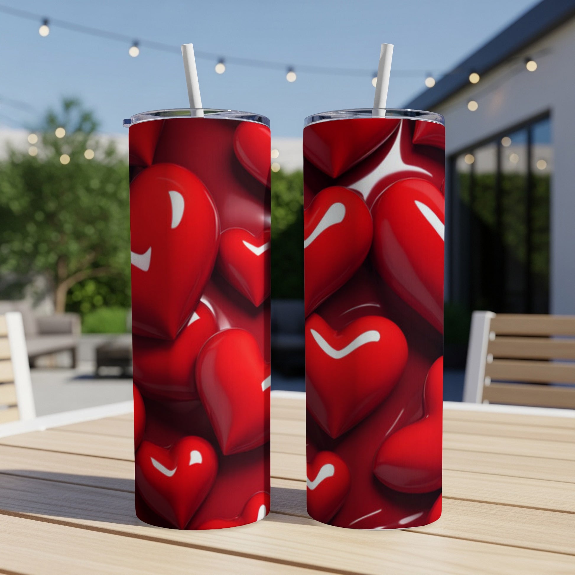 Two red heart pattern tumblers on a wooden table.