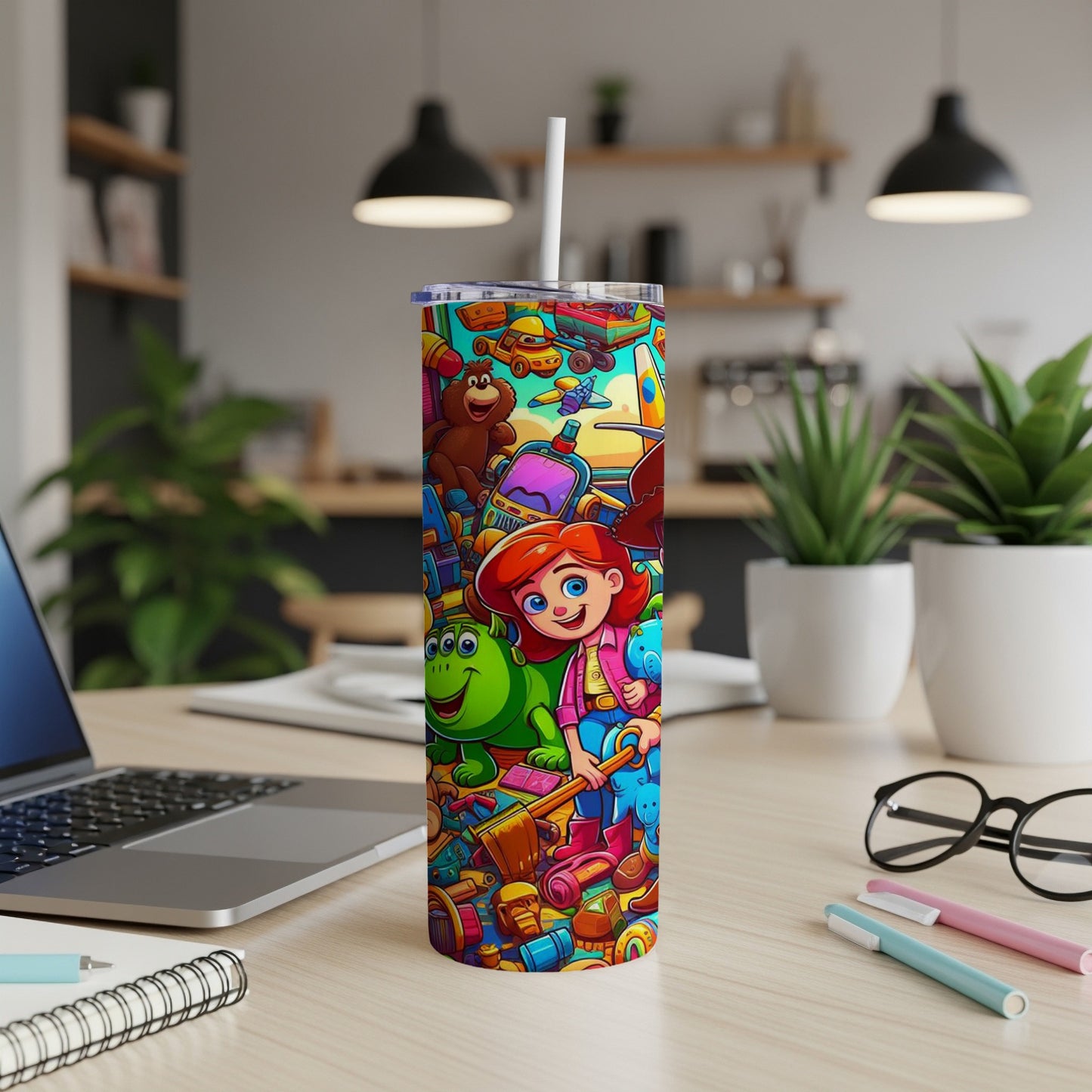 Cartoon characters and toys cover a tumbler on a desk with a laptop and pens.