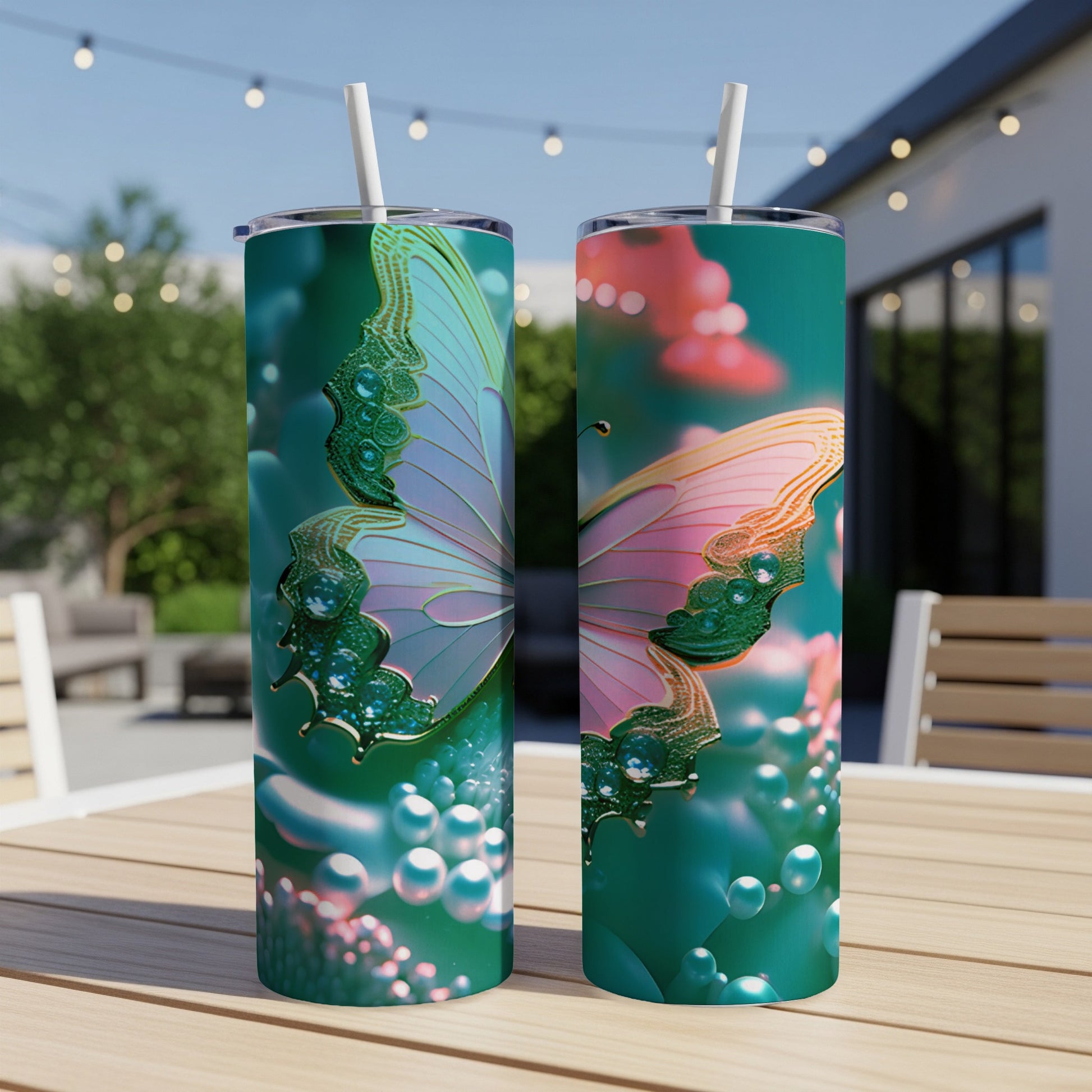 Two tumblers with teal and pink butterfly wings and bubbly designs.