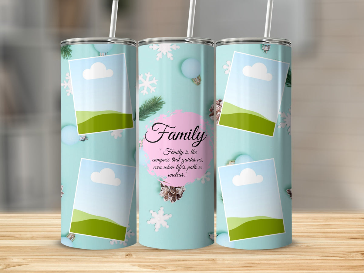 Light blue tumbler with snowflakes, photo frames, and the quote "Family is the compass that guides us".