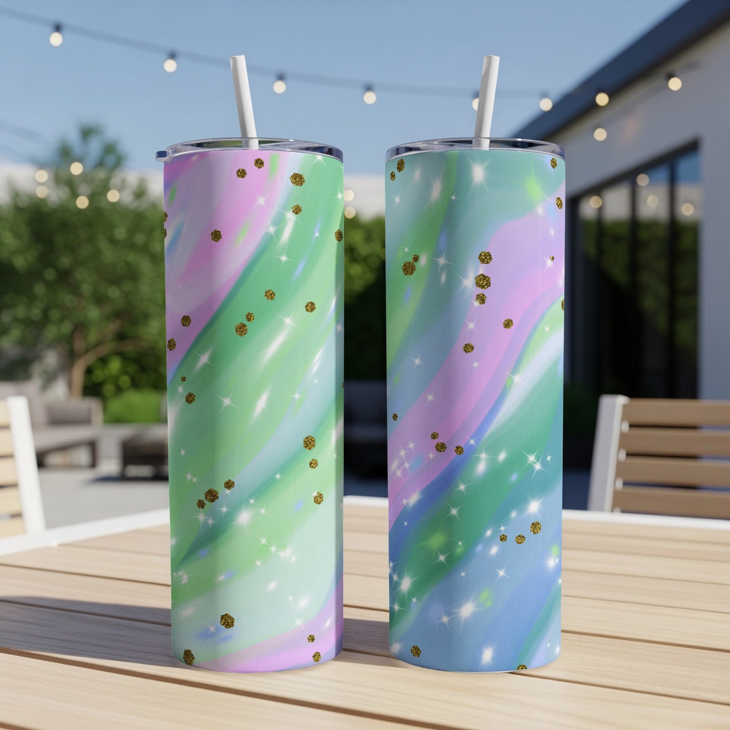 Two tumblers with pastel marble patterns and gold glitter accents with straws.
