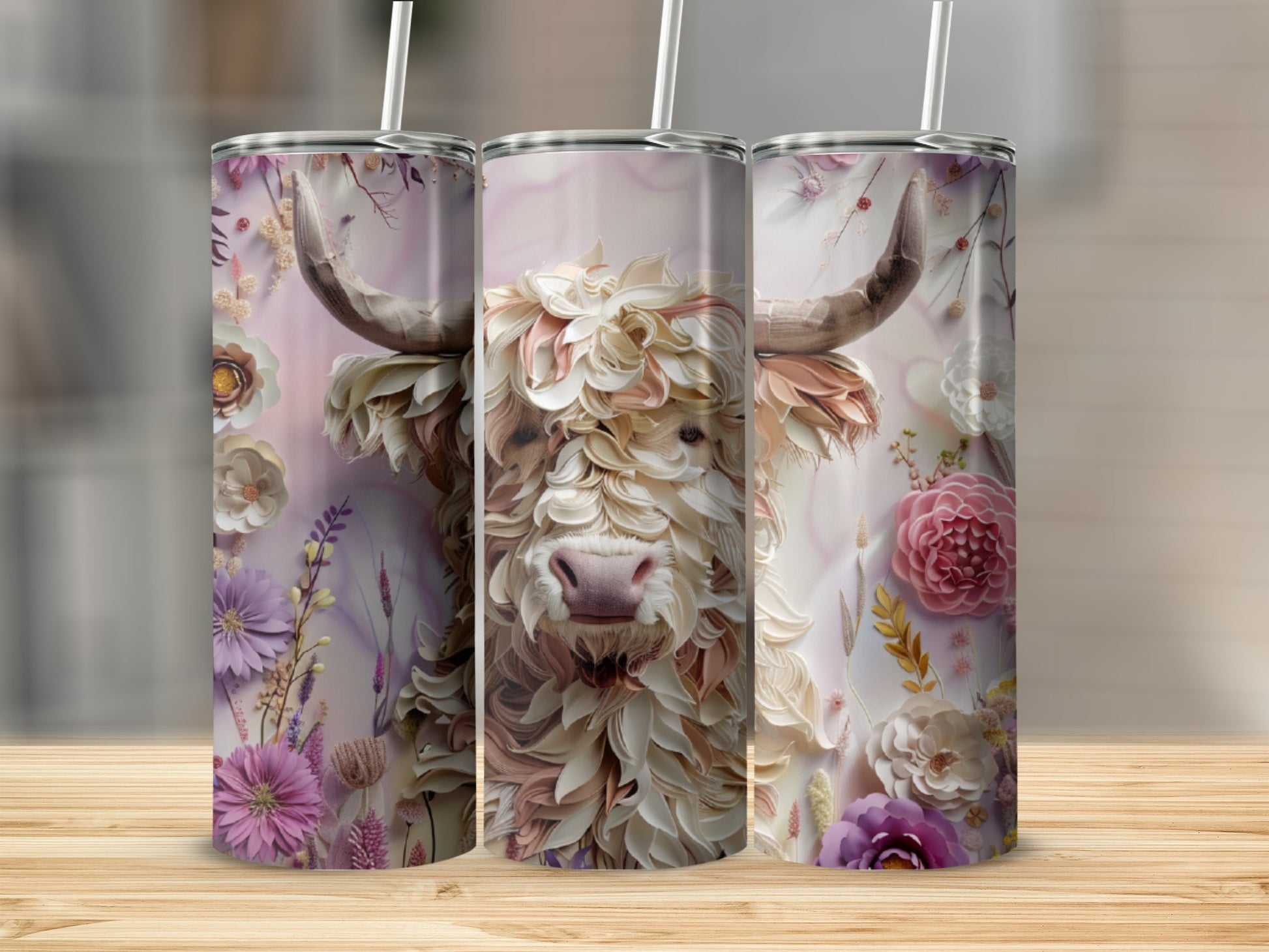 Three Highland cows with floral designs on tumblers.