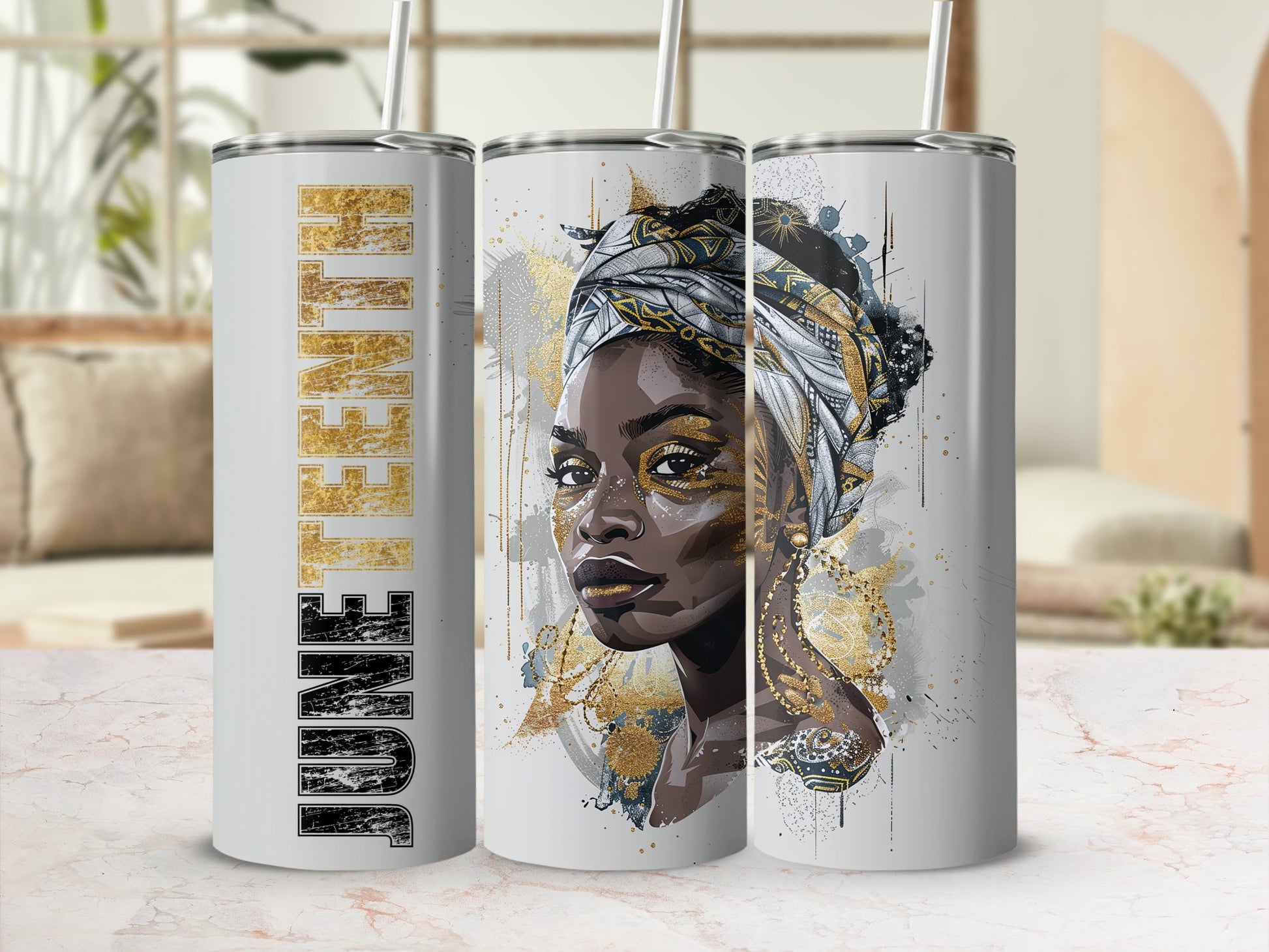 Gold accents highlight a Black woman's face on a cylindrical tumbler.