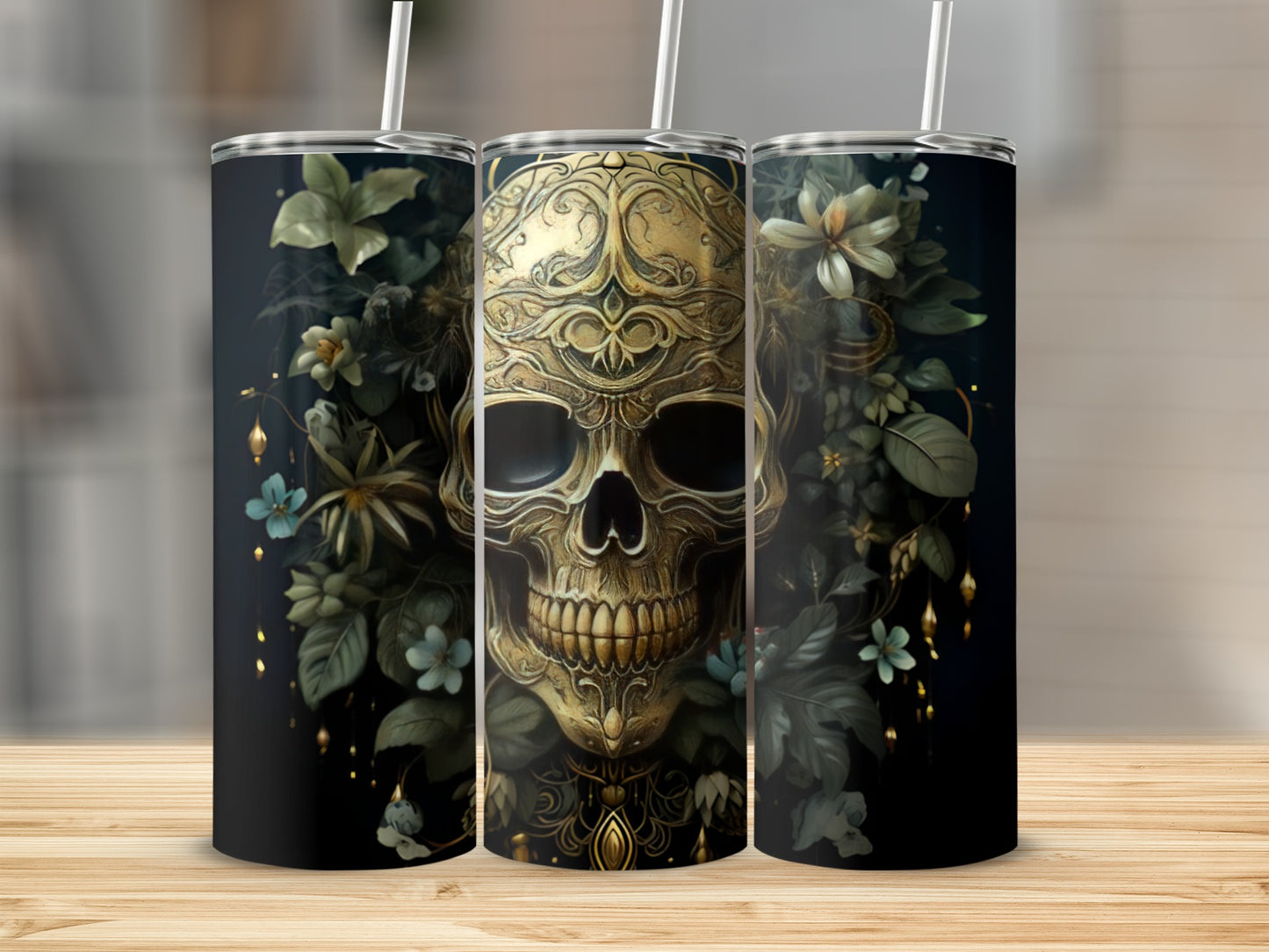 Ornate golden skull with floral accents on a dark background tumbler.