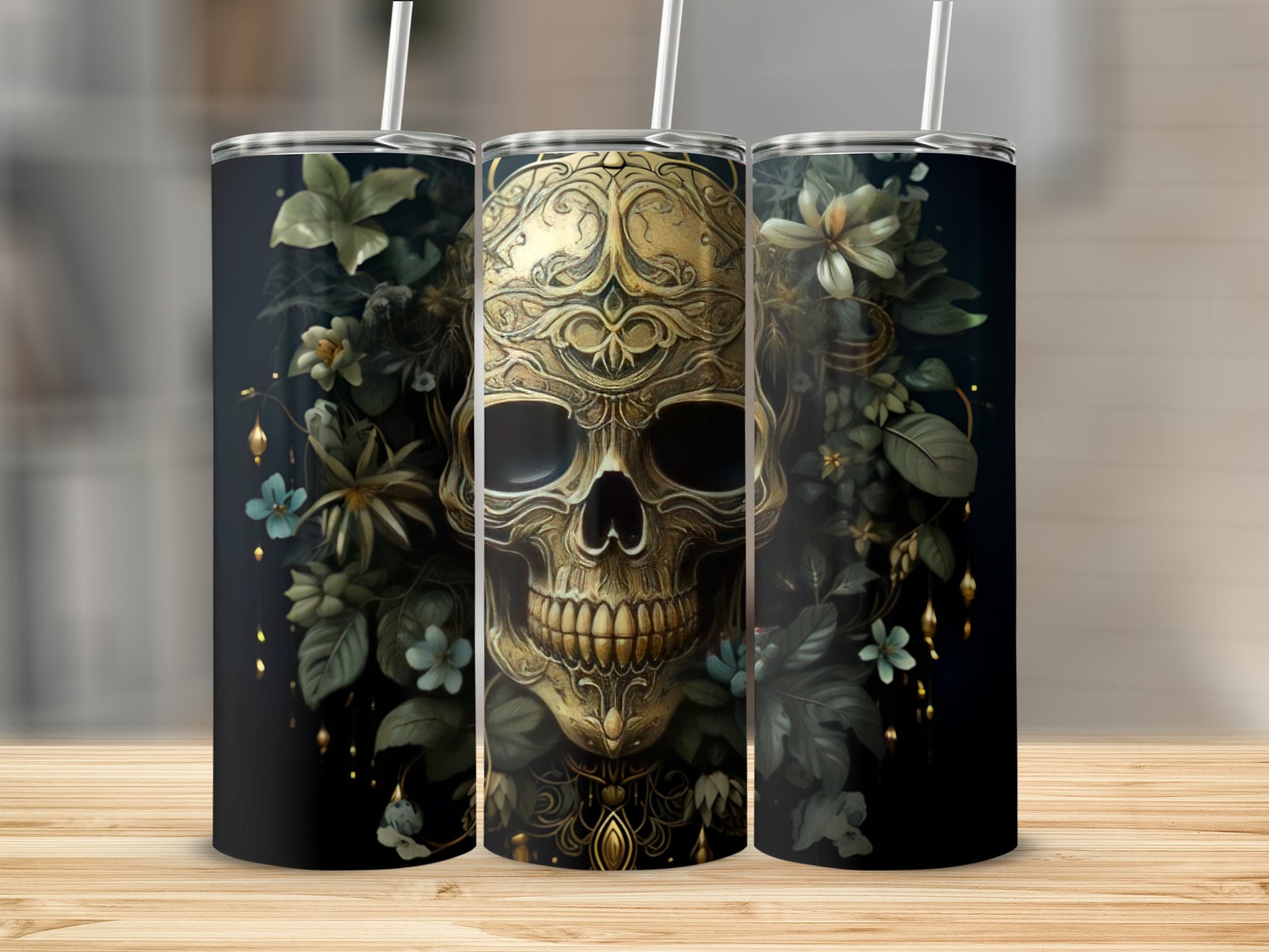 Ornate golden skull with floral accents on a dark background tumbler.