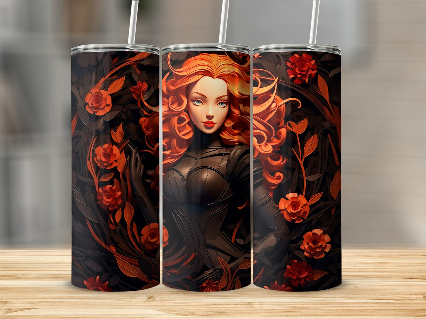 Striking Redhead with Floral Design Tumbler